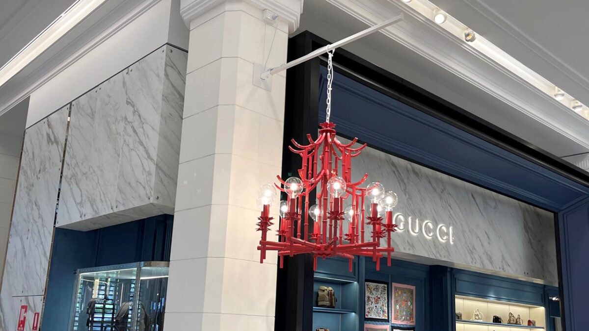 David Jones display red chandelier with Gucci in the background