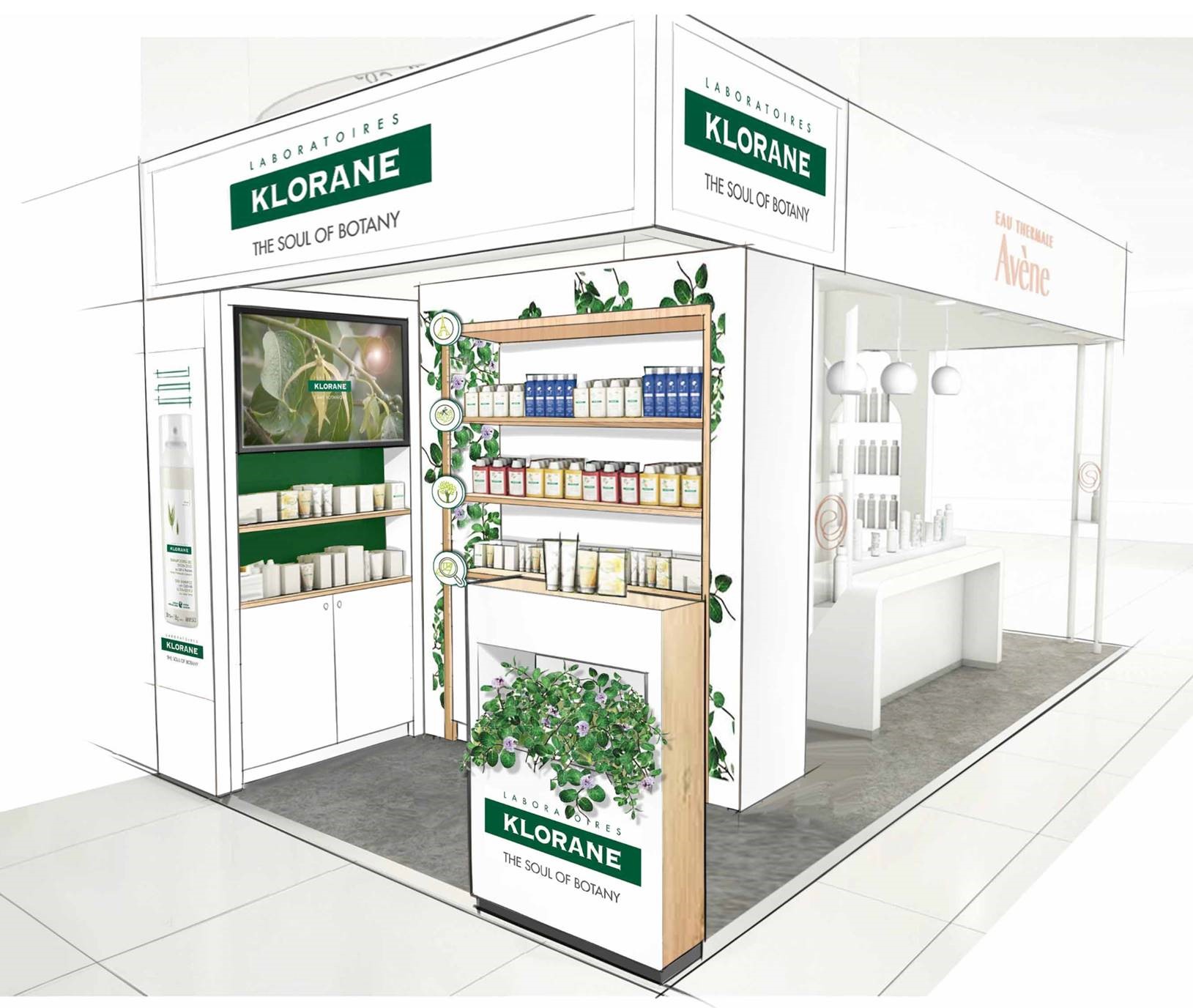 A sketch design of an expo stand for brand Klorane