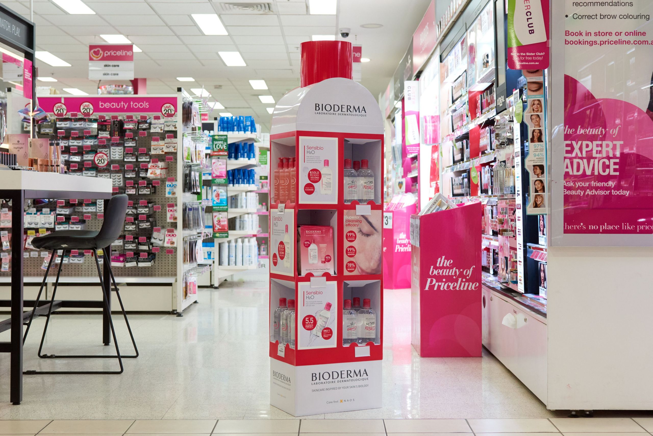 Bioderma product display in a long-shot in the middle of the sotre