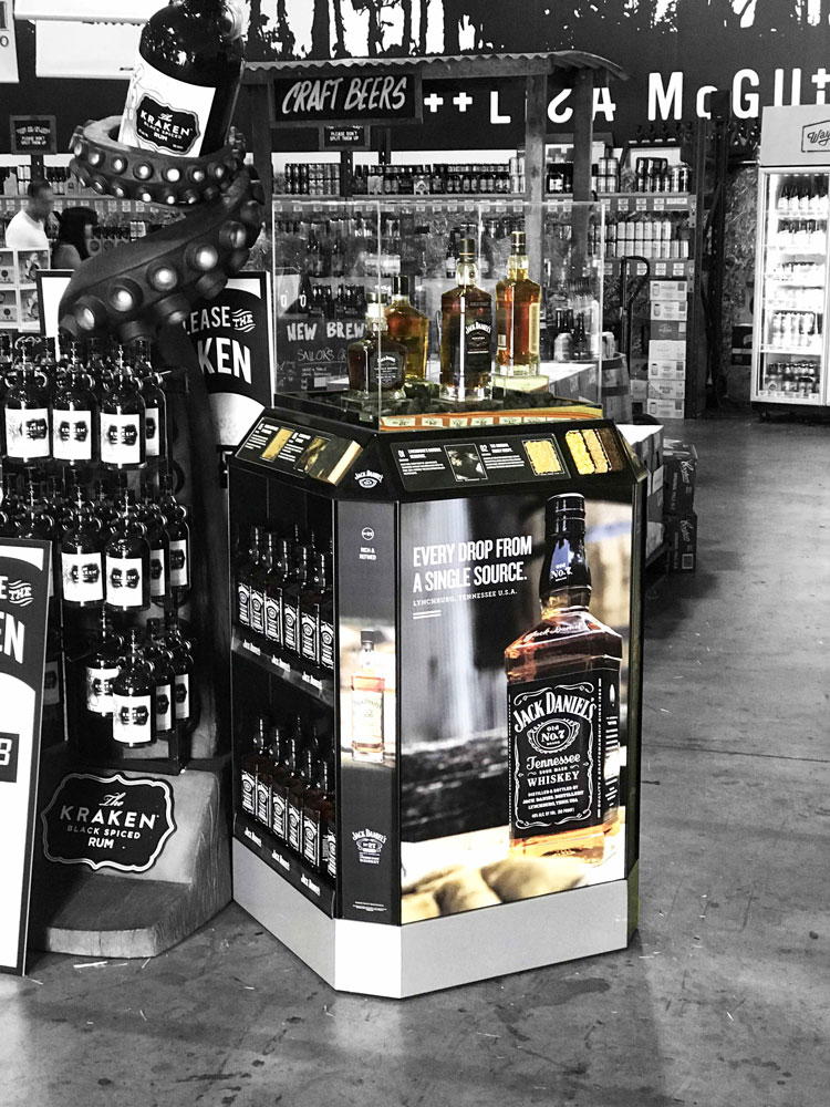 Jack Daniels 'Super Premium' Whiskey display stand in store