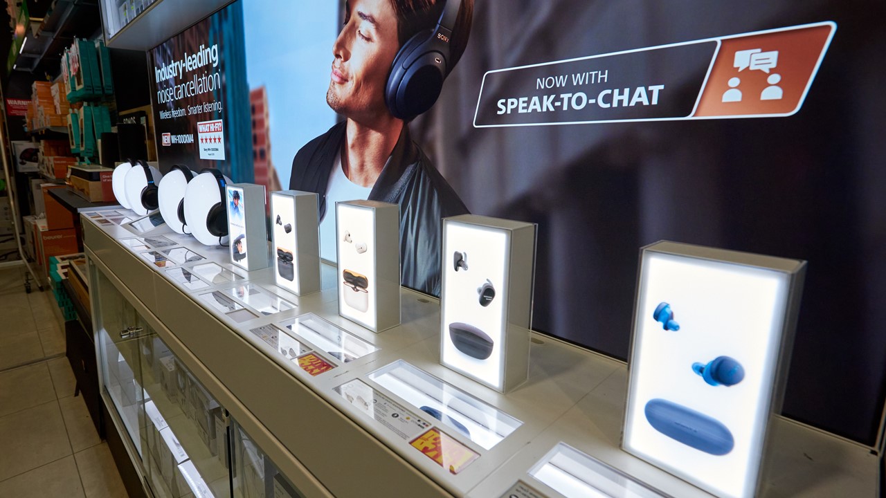 Close-up of Sony display with products shown with LED lights