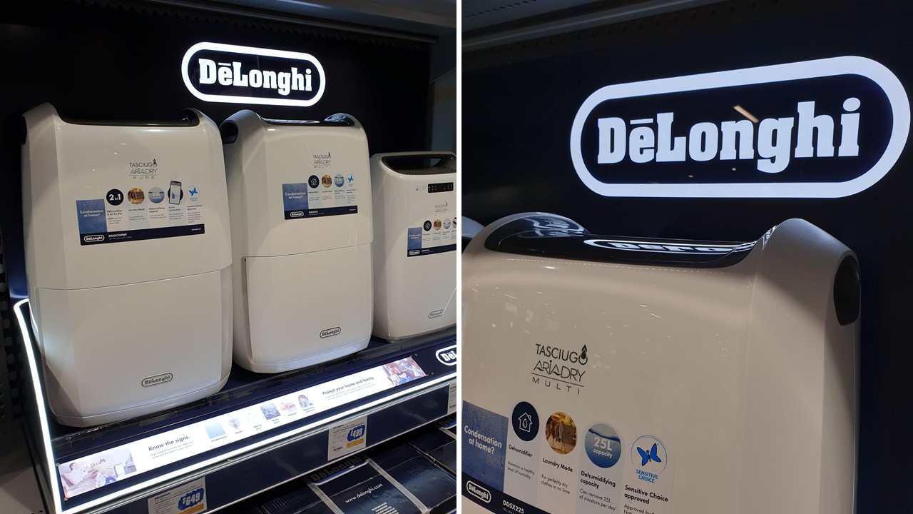 DeLonghi Dehumidifier with light-up logo and stand in-store
