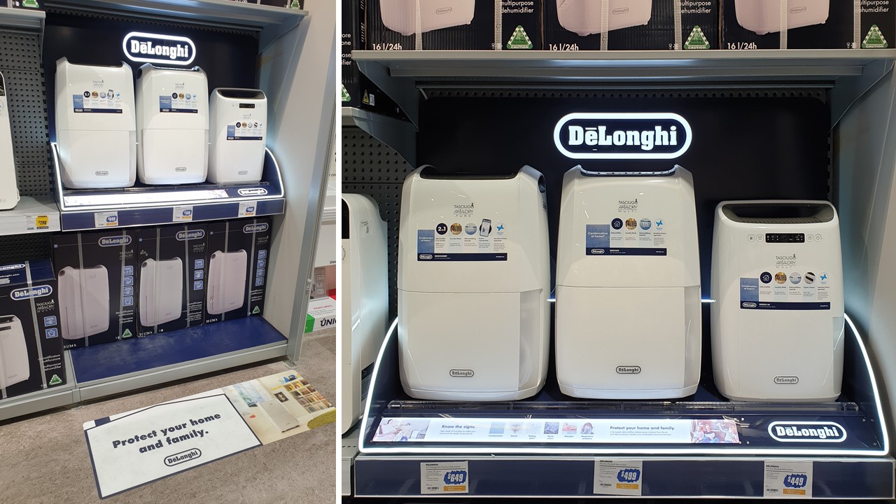DeLonghi Dehumidifier in-store display with light-up logo